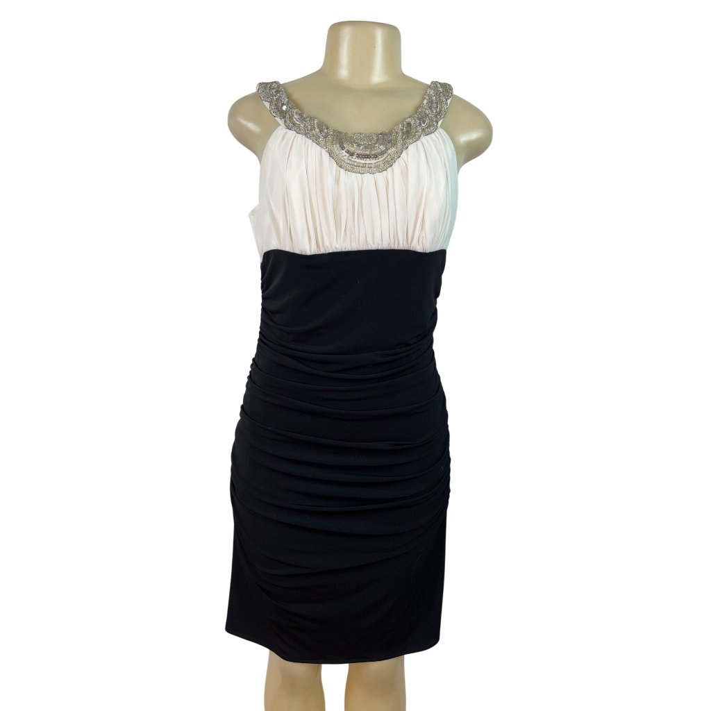 Js Boutique Ruched Black & White Sleeveless Dress With Beaded Neckline Szize 10